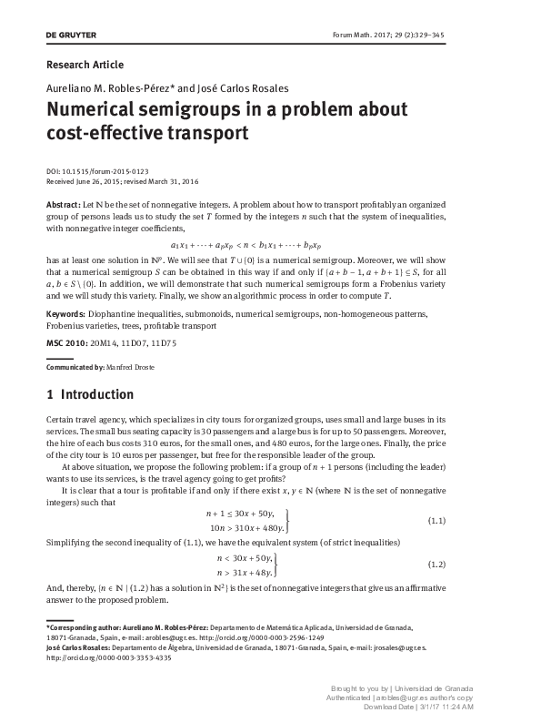 (PDF) Numerical semigroups in a problem about cost-effective transport