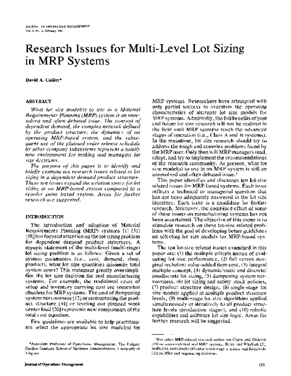 (PDF) Research issues for multi-level lot sizing in MRP systems