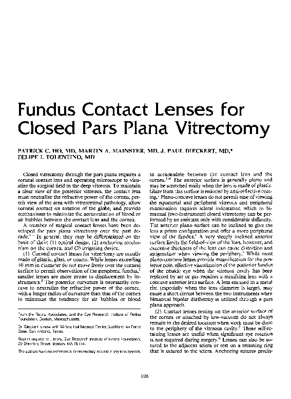 (PDF) Fundus Contact Lenses for Closed Pars Plana Vitrectomy