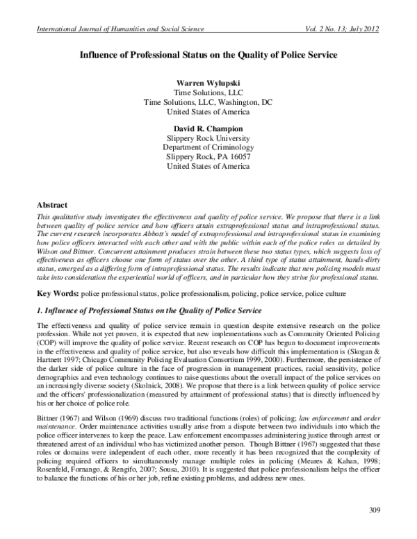 (PDF) Influence of Professional Status on the Quality of Police Service