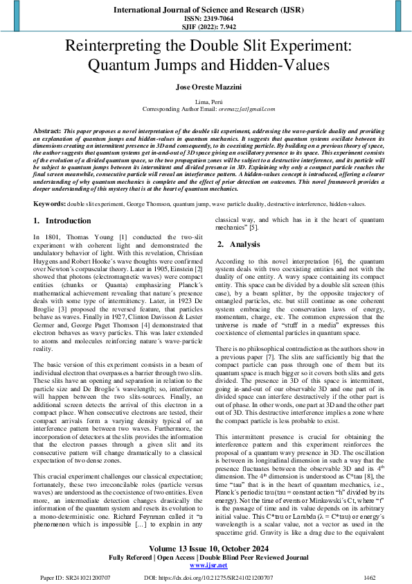 (PDF) Reinterpreting the Double Slit Experiment: Quantum Jumps and ...