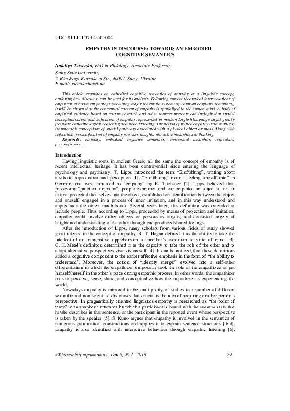 (PDF) Empathy in Discourse: Towards an Embodied Cognitive Semantics