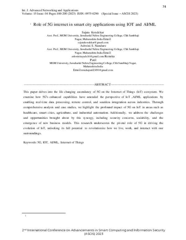 (PDF) Role of 5G internet in smart city applications using IOT and AI/ML