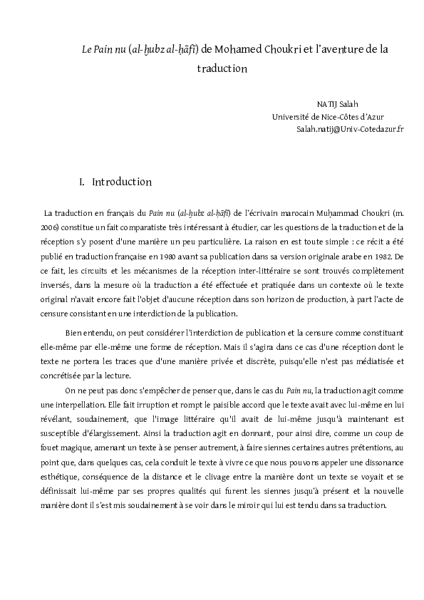 (PDF) Le Pain nu (alkhubz alḥāfī) de Mohamed Choukri et l
