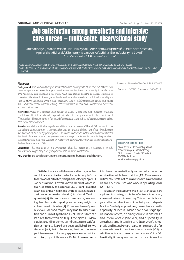 (PDF) Job satisfaction among anesthetic and intensive care nurses ...
