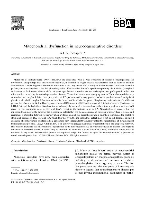 (PDF) Mitochondrial dysfunction in neurodegenerative disorders