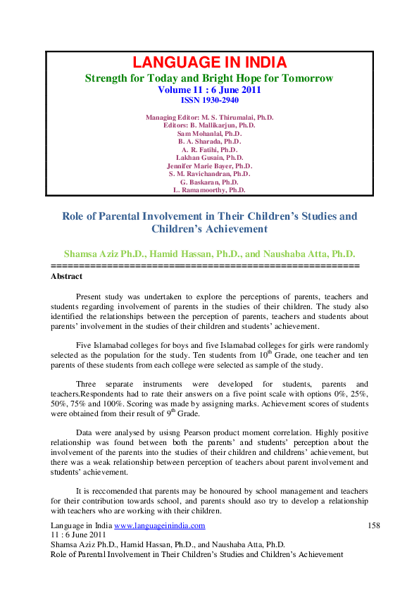 (PDF) Role of Parental Involvement in Their Children's Studies and ...