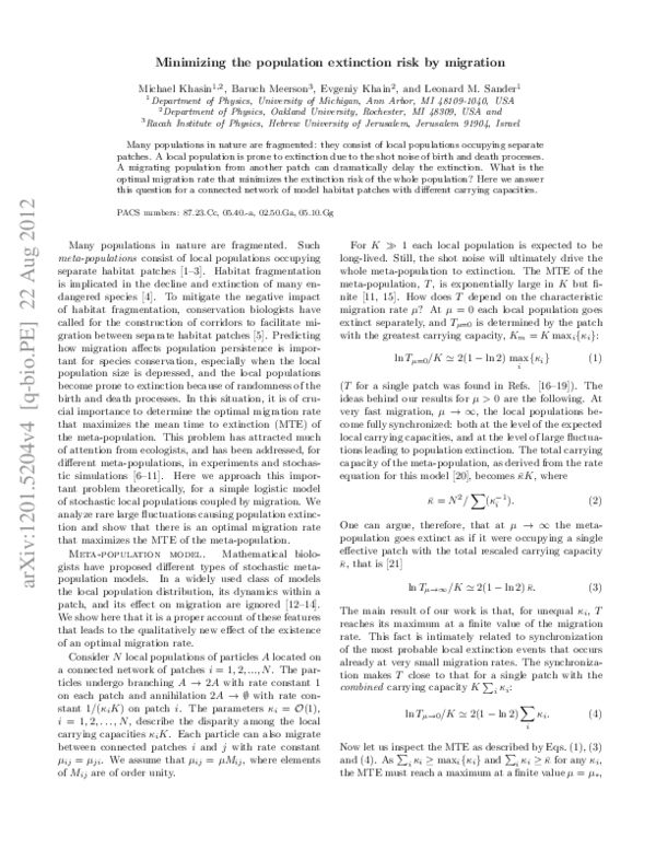 (PDF) Minimizing the Population Extinction Risk by Migration Leonard