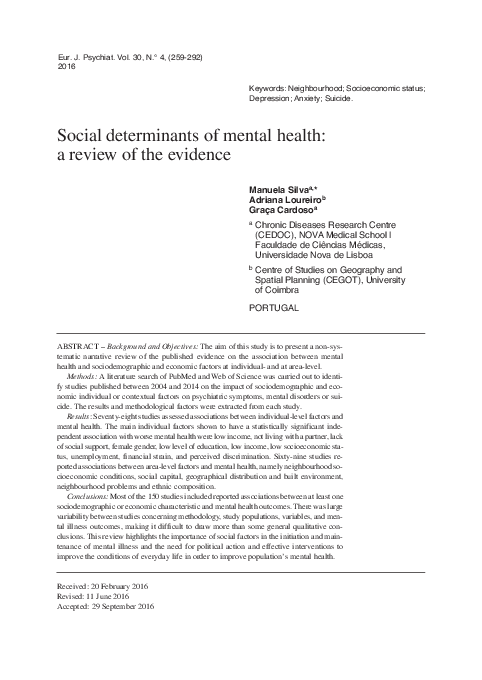 (PDF) Social determinants of mental health: A review of the evidence