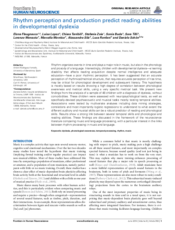 (PDF) Rhythm perception and production predict reading abilities in ...