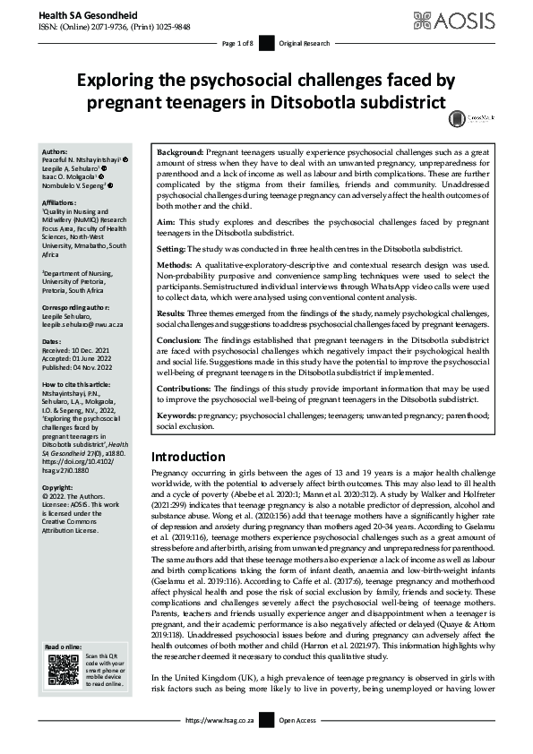 (PDF) Exploring the psychosocial challenges faced by pregnant teenagers ...