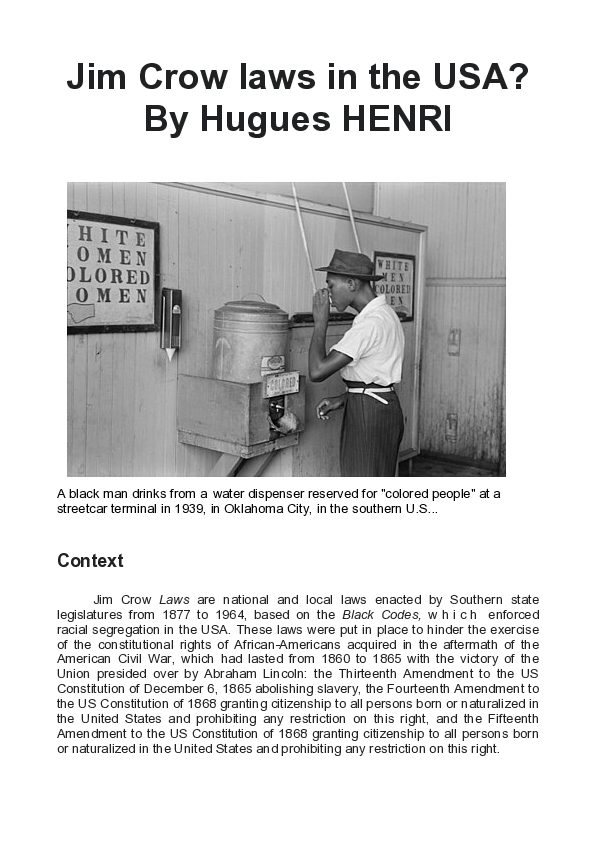 (PDF) Jim Crow laws in the USA? By Hugues HENRI