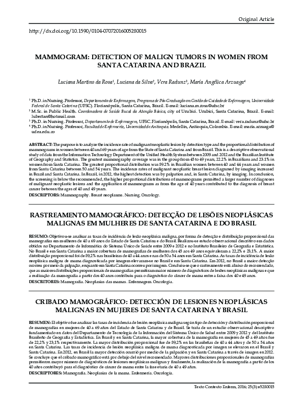 (PDF) Mammogram: Detection of Malign Tumors in Women from Santa ...