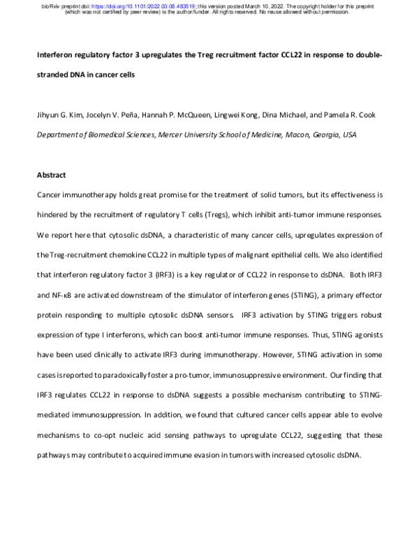 (PDF) Interferon regulatory factor 3 upregulates the Treg recruitment ...
