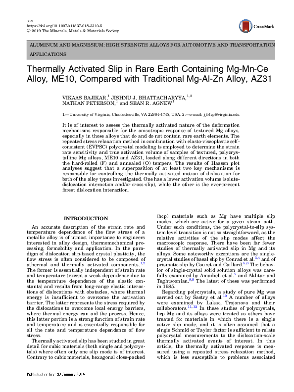 (PDF) Thermally Activated Slip in Rare Earth Containing Mg-Mn-Ce Alloy ...