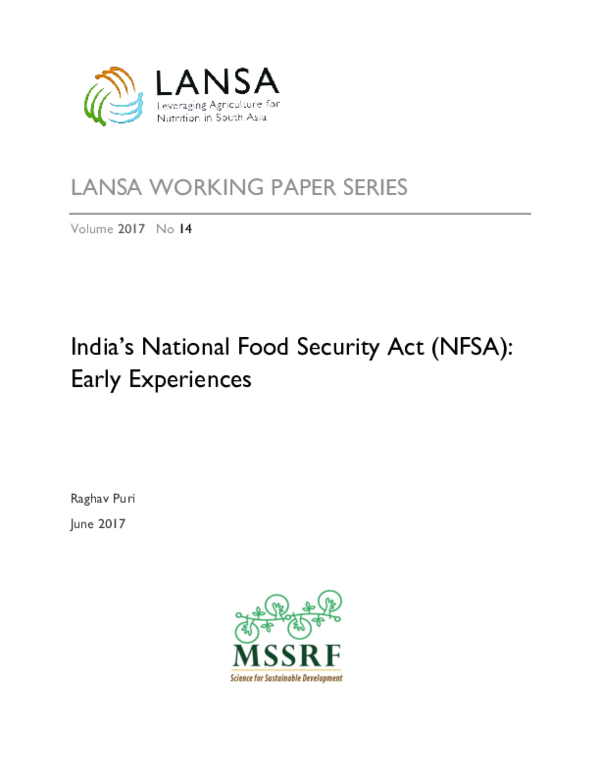 (PDF) India’s National Food Security Act (NFSA): Early Experiences