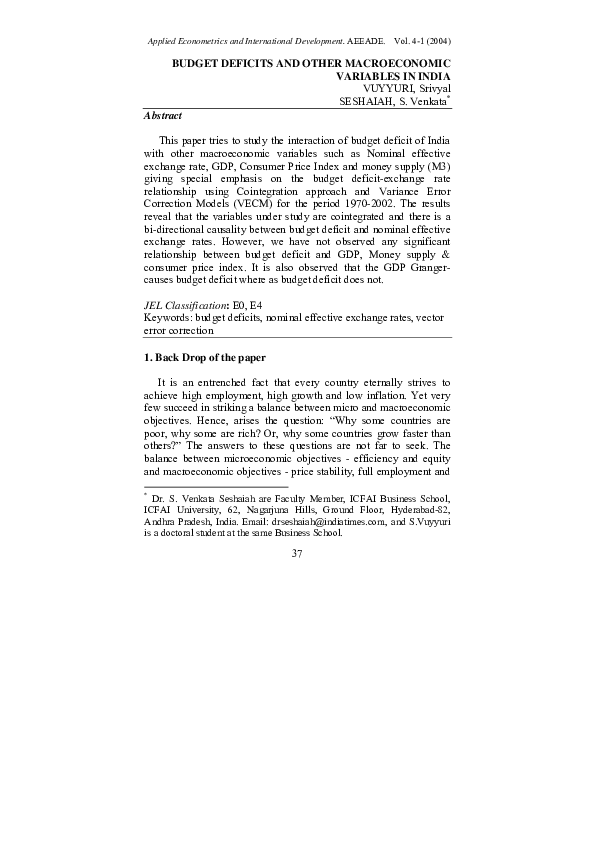 (PDF) Budget Deficits and Other Macroeconomic Variables In India