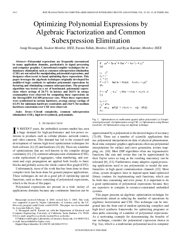 (PDF) Optimizing Polynomial Expressions by Algebraic Factorization and ...