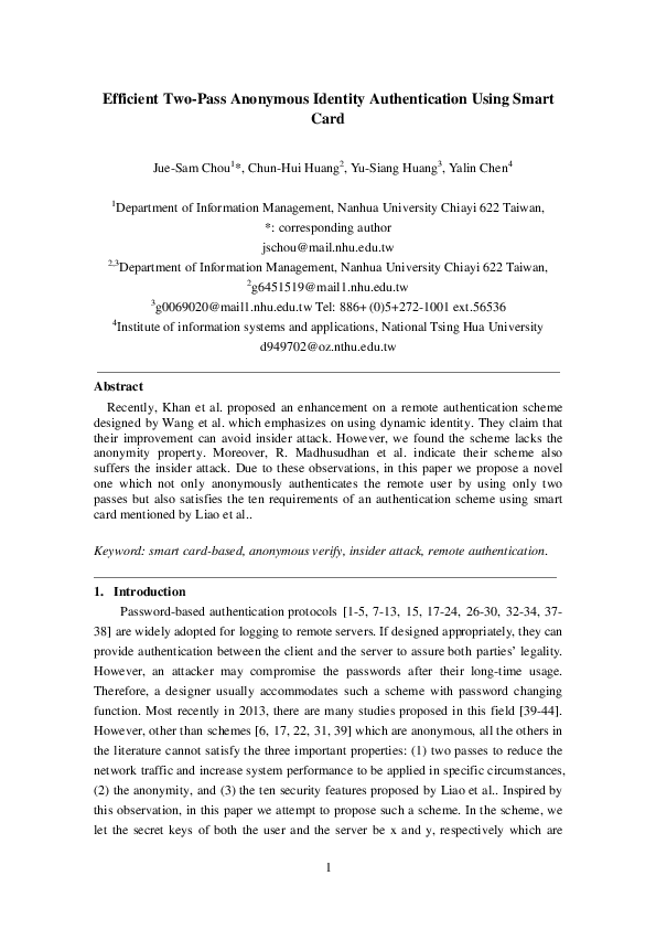 (PDF) Efficient Two-Pass Anonymous Identity Authentication Using Smart Card