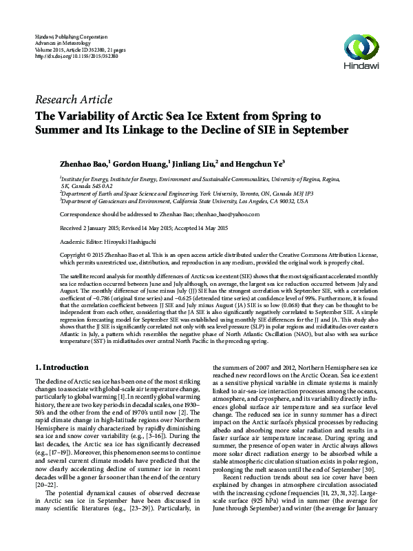 (PDF) The Variability of Arctic Sea Ice Extent from Spring to Summer ...
