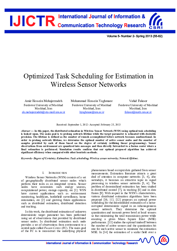 (PDF) Optimized task scheduling for estimation in wireless sensor networks