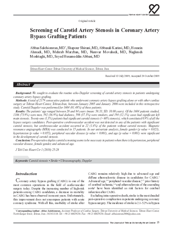 (PDF) Screening of carotid artery stenosis in coronary artery bypass ...