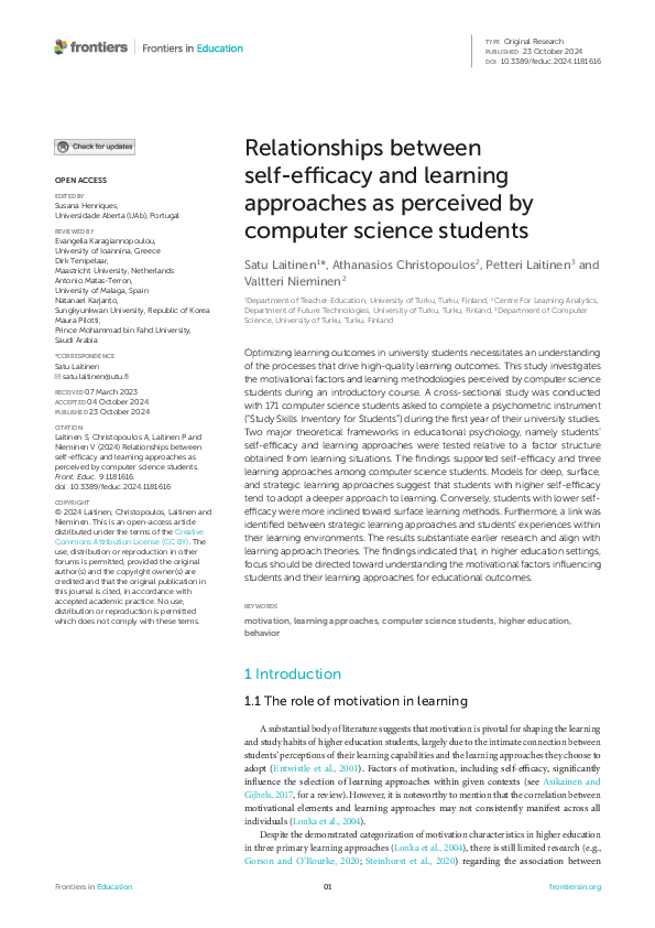 (PDF) Relationships between self-efficacy and learning approaches as ...