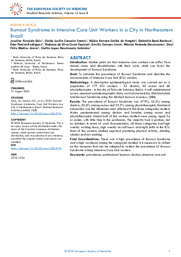 (PDF) Burnout Syndrome in Intensive Care Unit Workers in a City in ...