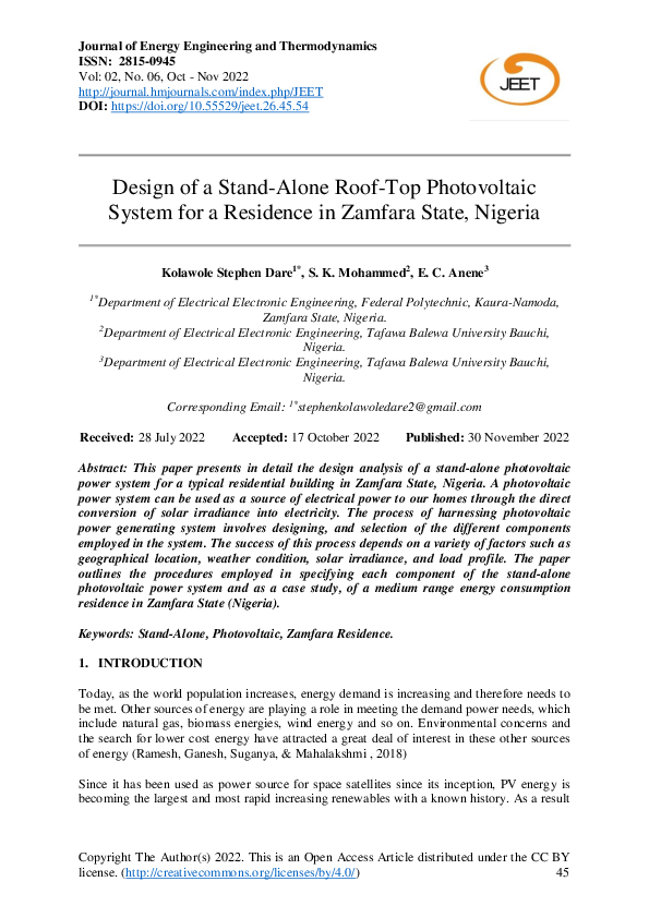 (PDF) Design of a Stand-Alone Roof-Top Photovoltaic System for a ...