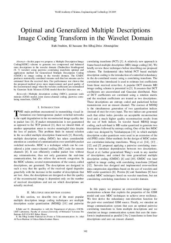 (PDF) Optimal And Generalized Multiple Descriptions Image Coding ...
