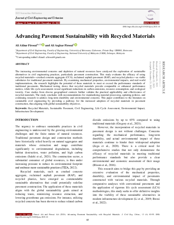 (PDF) Advancing Pavement Sustainability with Recycled Materials