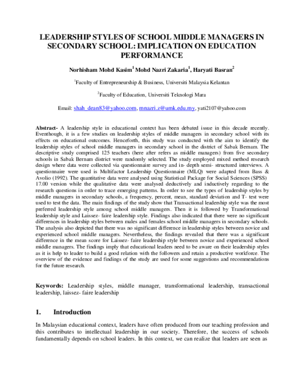 (PDF) Leadership styles of school middle managers in secondary school ...
