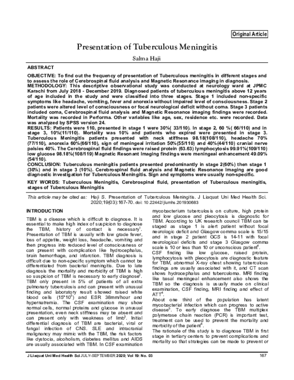 (PDF) Presentation of Tuberculous Meningitis