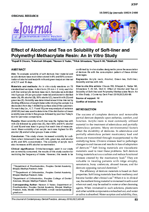 (PDF) Effect of Alcohol and Tea on Solubility of Soft-liner and ...