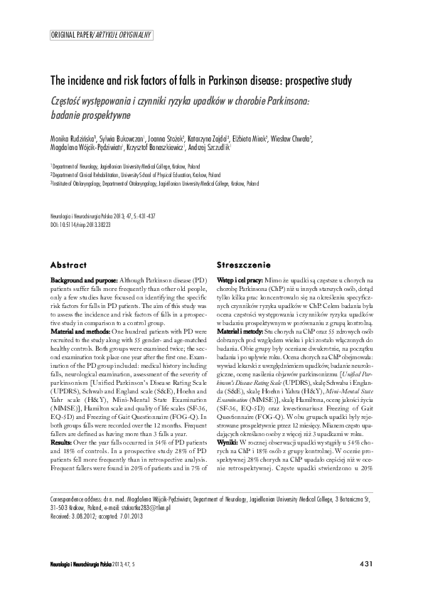 (PDF) The incidence and risk factors of falls in Parkinson disease ...