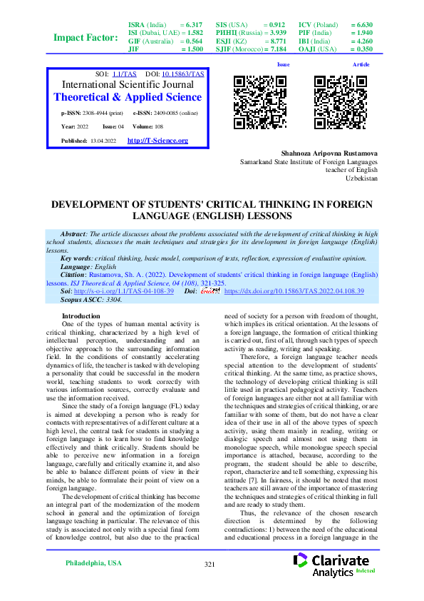 (PDF) Development of Students' Critical Thinking in Foreign Language ...