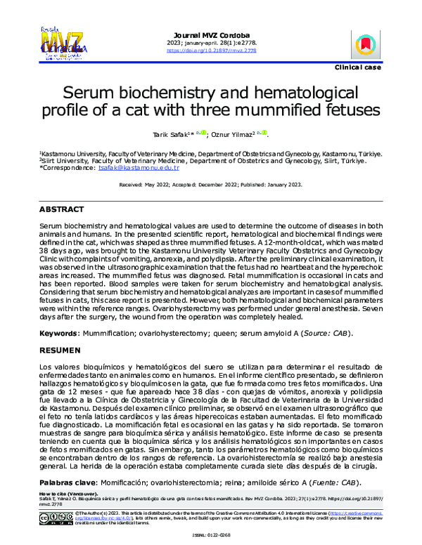 (PDF) Serum biochemistry and hematological profile of a cat with three ...