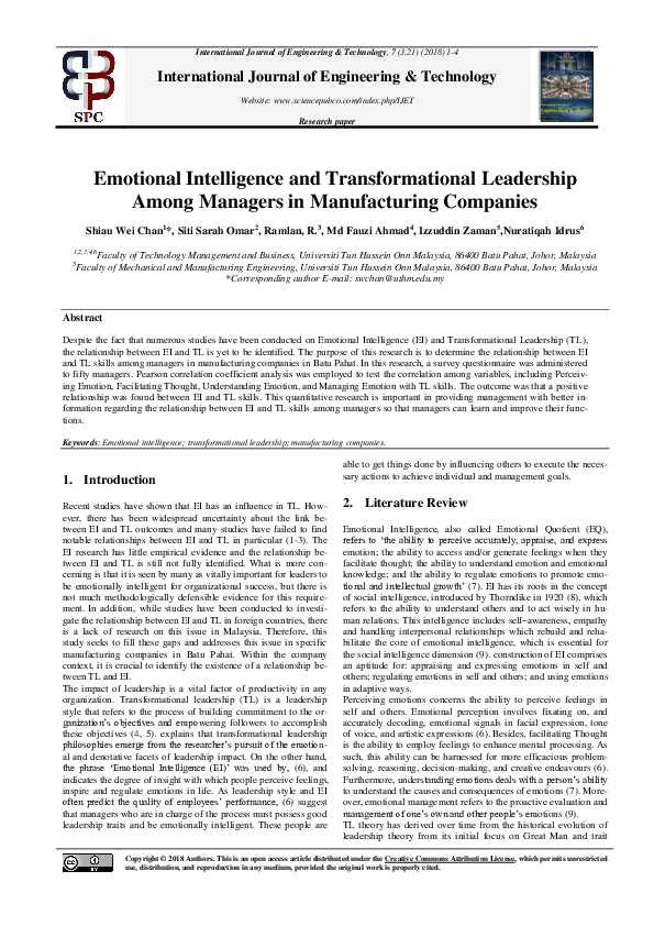 (PDF) Emotional Intelligence and Transformational Leadership Among ...