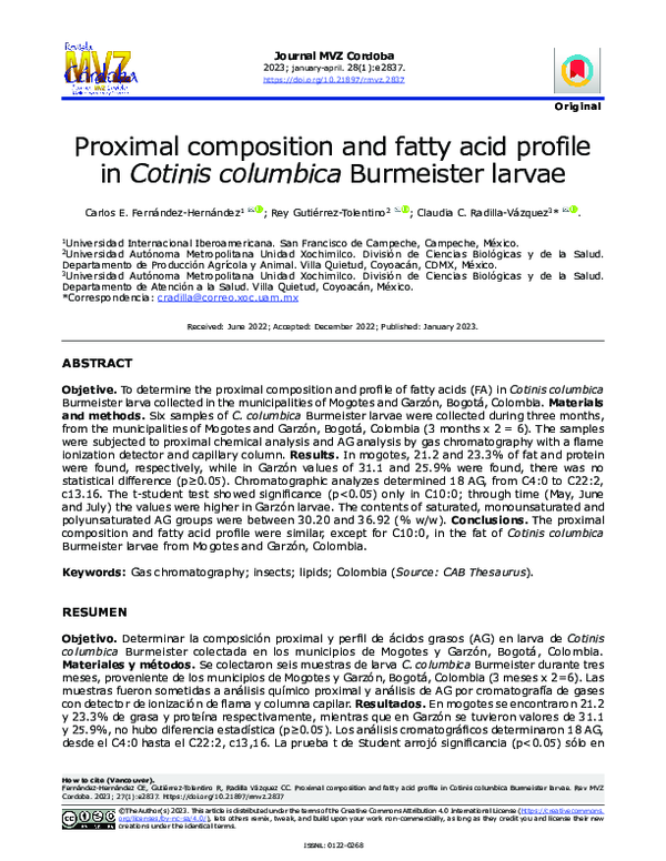 (PDF) Proximal composition and fatty acid profile in Cotinis columbica ...