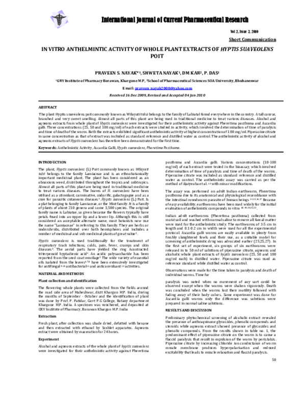 (PDF) In Vitro Anthelmintic Activity of Whole Plant Extracts of Hyptis ...