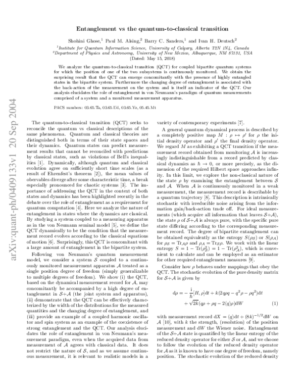 (PDF) Entanglement and the quantum-to-classical transition