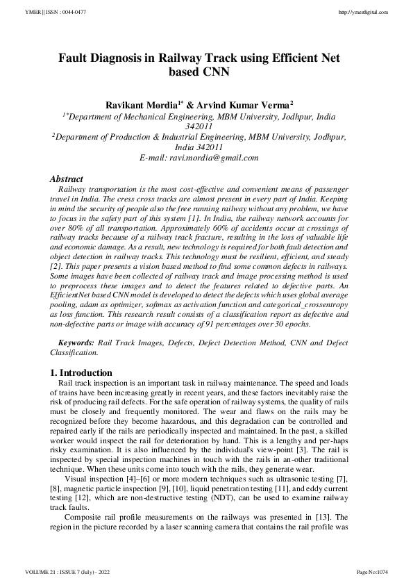 (PDF) Fault Diagnosis in Railway Track using Efficient Net based CNN