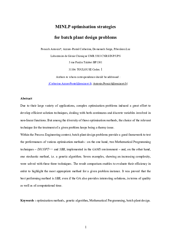 (PDF) Mixed-Integer Nonlinear Programming Optimization Strategies for ...