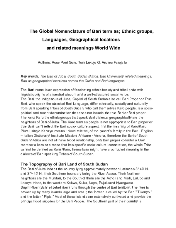 (PDF) The Global Nomenclature of Bari term as; Ethnic groups, Languages