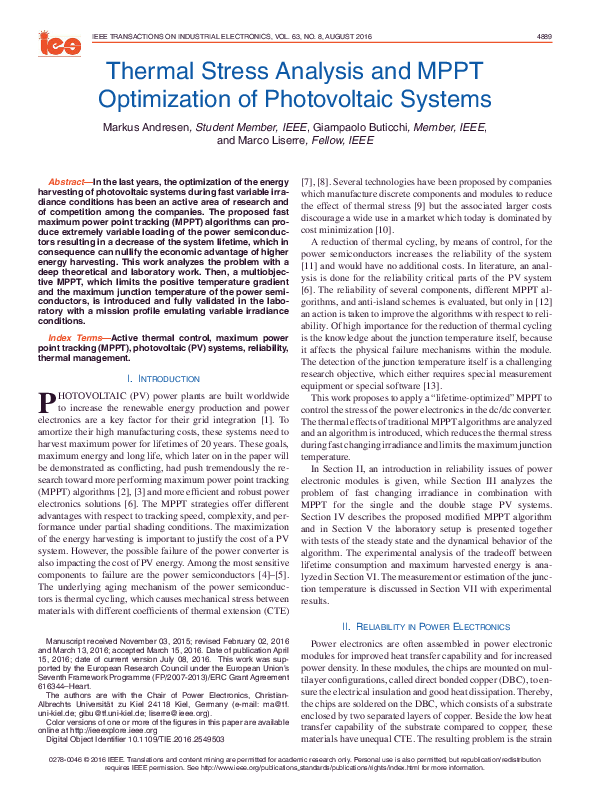 (PDF) Thermal Stress Analysis and MPPT Optimization of Photovoltaic Systems