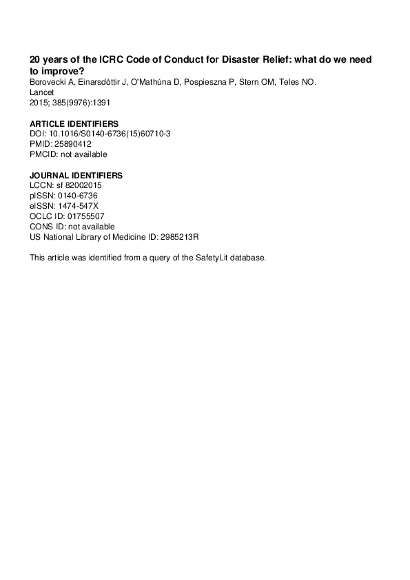 (PDF) 20 years of the ICRC Code of Conduct for Disaster Relief what do