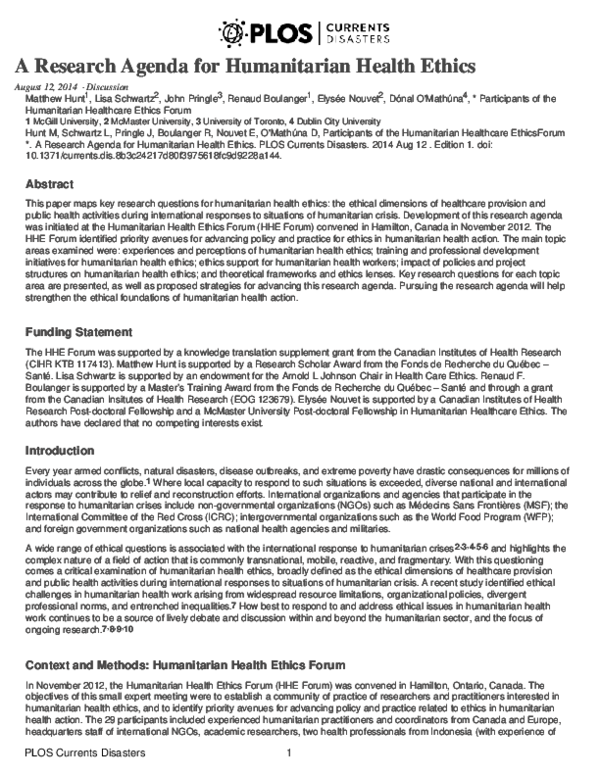 (PDF) A research agenda for humanitarian health ethics