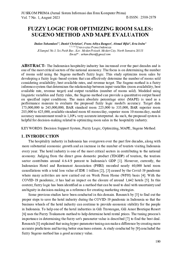 (PDF) Fuzzy Logic for Optimizing Room Sales: Sugeno Method and Mape ...
