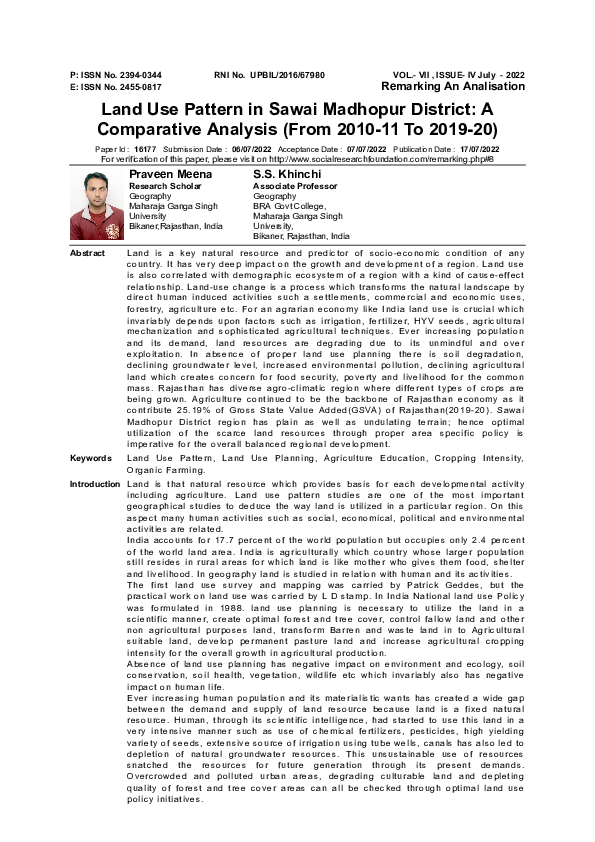 (PDF) Land Use Pattern in Sawai Madhopur District A Comparative ...