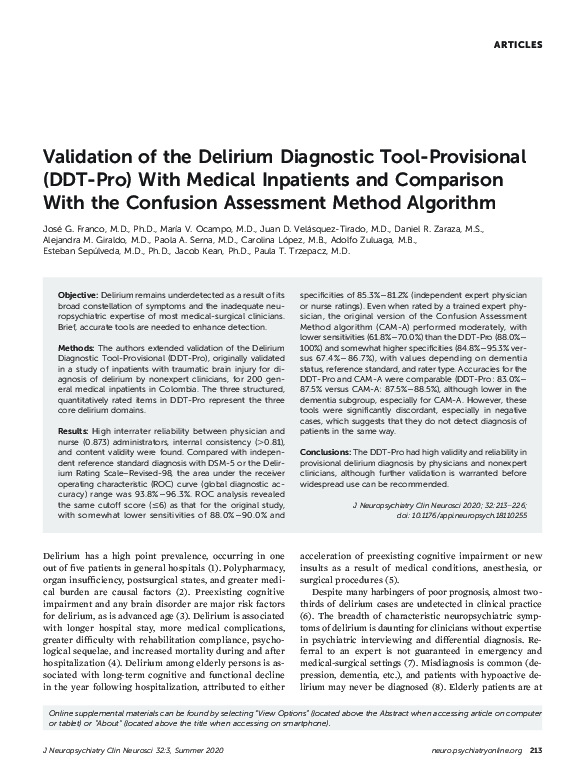(PDF) Validation of the Delirium Diagnostic Tool-Provisional (DDT-Pro ...